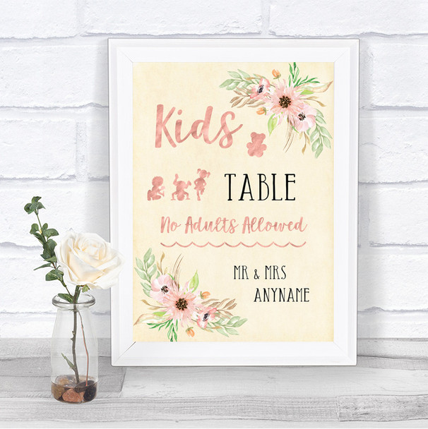 Blush Peach Floral Kids Table Personalized Wedding Sign