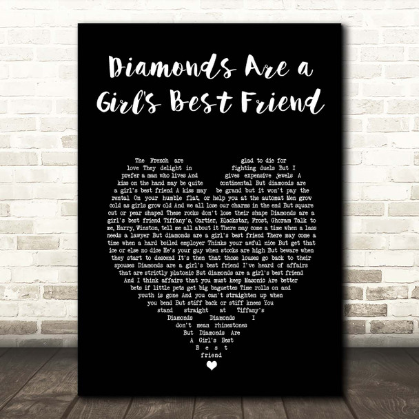 Marilyn Monroe Diamonds Are a Girl's Best Friend Black Heart Song Lyric Print