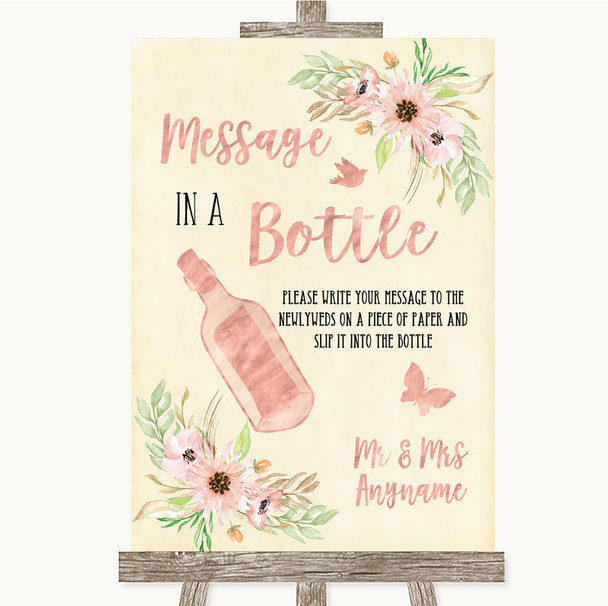 Blush Peach Floral Message In A Bottle Personalized Wedding Sign