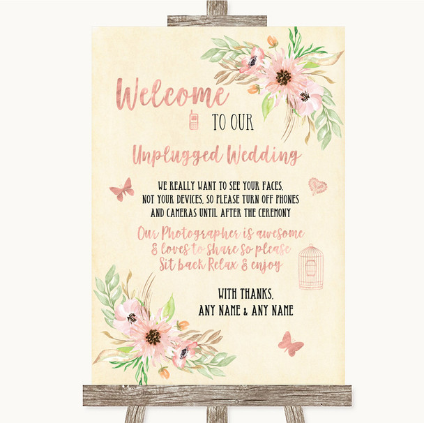 Blush Peach Floral No Phone Camera Unplugged Personalized Wedding Sign