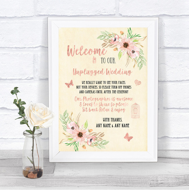 Blush Peach Floral No Phone Camera Unplugged Personalized Wedding Sign