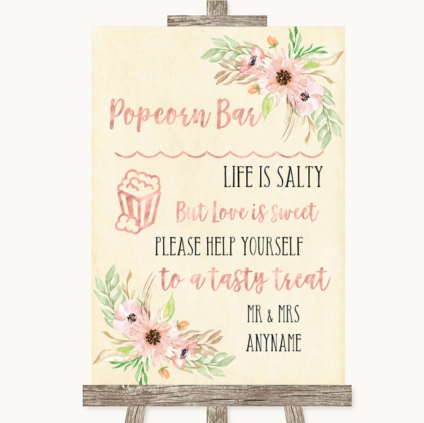 Blush Peach Floral Popcorn Bar Personalized Wedding Sign