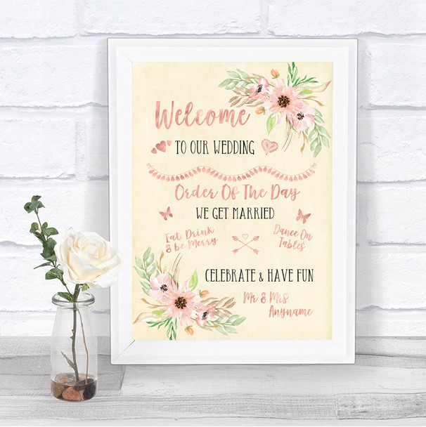 Blush Peach Floral Welcome Order Of The Day Personalized Wedding Sign
