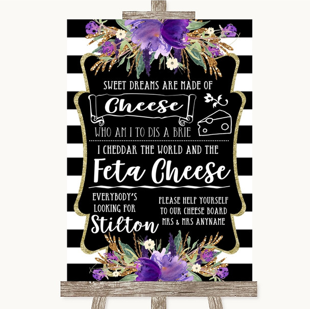 Black & White Stripes Purple Cheeseboard Cheese Song Personalized Wedding Sign