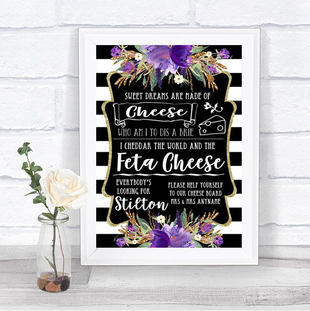 Black & White Stripes Purple Cheeseboard Cheese Song Personalized Wedding Sign