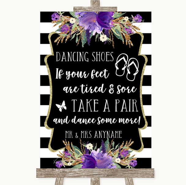 Black & White Stripes Purple Dancing Shoes Flip Flops Personalized Wedding Sign