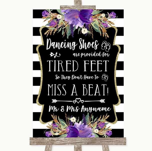 Black & White Stripes Purple Dancing Shoes Flip-Flop Tired Feet Wedding Sign