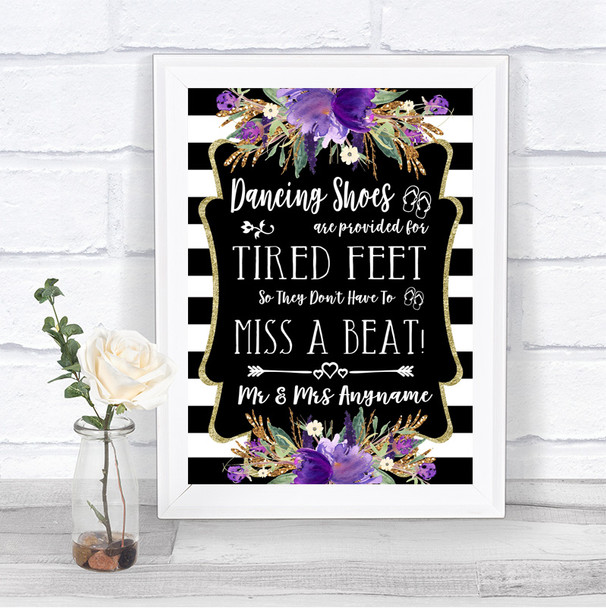 Black & White Stripes Purple Dancing Shoes Flip-Flop Tired Feet Wedding Sign
