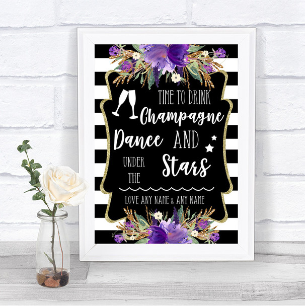 Black & White Stripes Purple Drink Champagne Dance Stars Wedding Sign