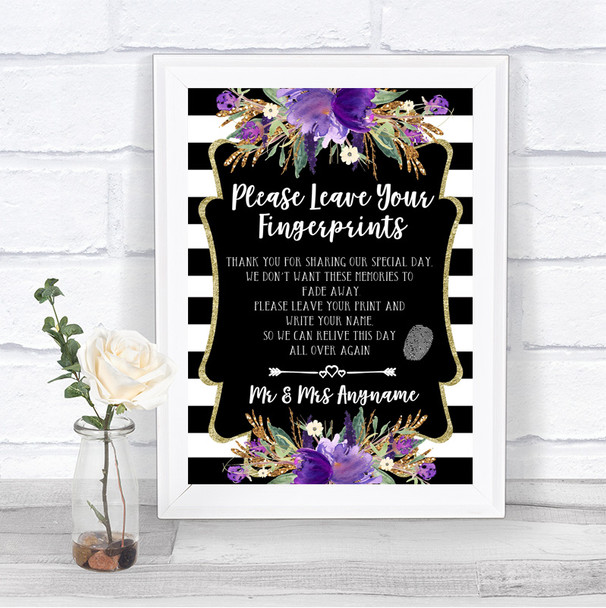 Black & White Stripes Purple Fingerprint Guestbook Personalized Wedding Sign