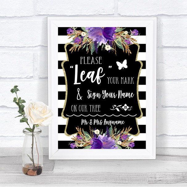 Black & White Stripes Purple Fingerprint Tree Instructions Wedding Sign