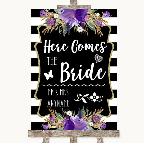 Black & White Stripes Purple Here Comes Bride Aisle Personalized Wedding Sign