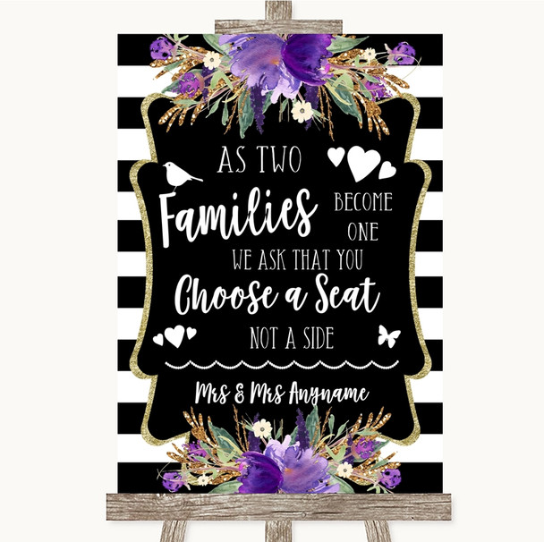Black & White Stripes Purple As Families Become One Seating Plan Wedding Sign