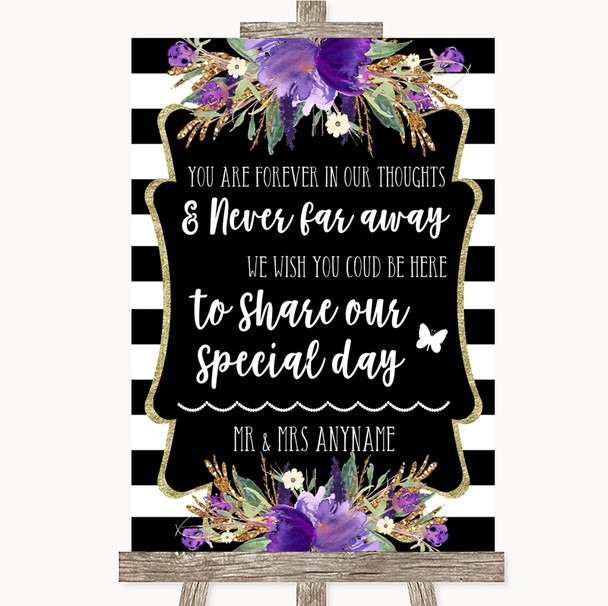 Black & White Stripes Purple In Our Thoughts Personalized Wedding Sign