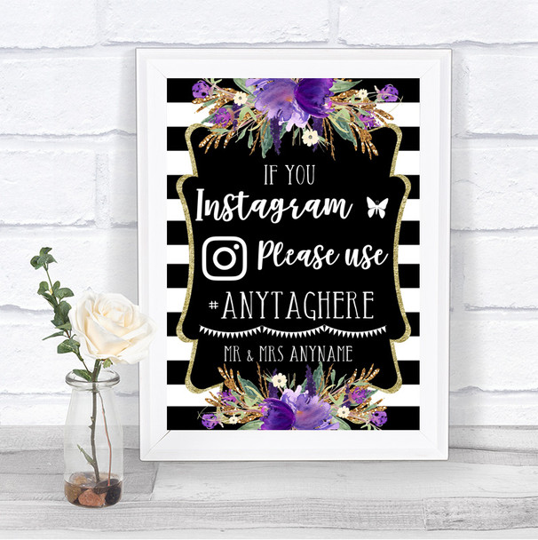 Black & White Stripes Purple Instagram Hashtag Personalized Wedding Sign