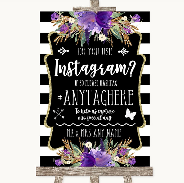 Black & White Stripes Purple Instagram Photo Sharing Personalized Wedding Sign