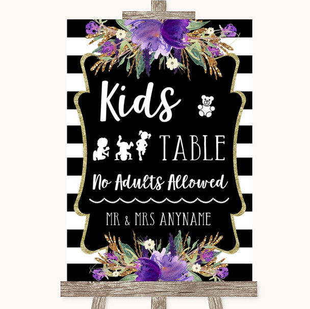 Black & White Stripes Purple Kids Table Personalized Wedding Sign