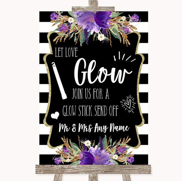 Black & White Stripes Purple Let Love Glow Glowstick Personalized Wedding Sign