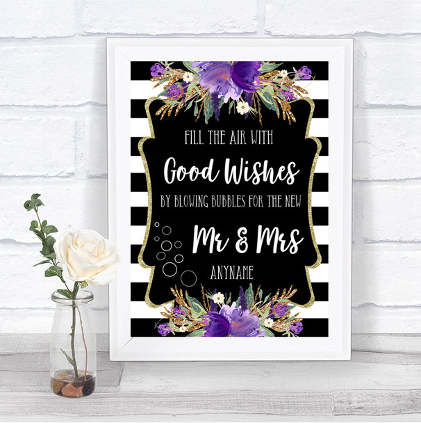 Black & White Stripes Purple Blow Bubbles Personalized Wedding Sign