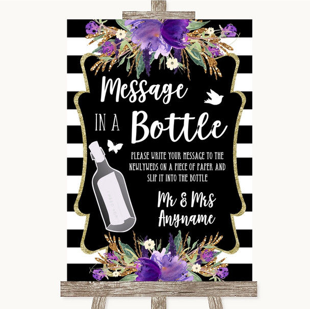 Black & White Stripes Purple Message In A Bottle Personalized Wedding Sign