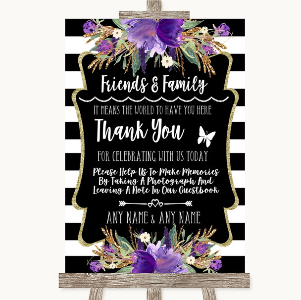 Black & White Stripes Purple Photo Guestbook Friends & Family Wedding Sign
