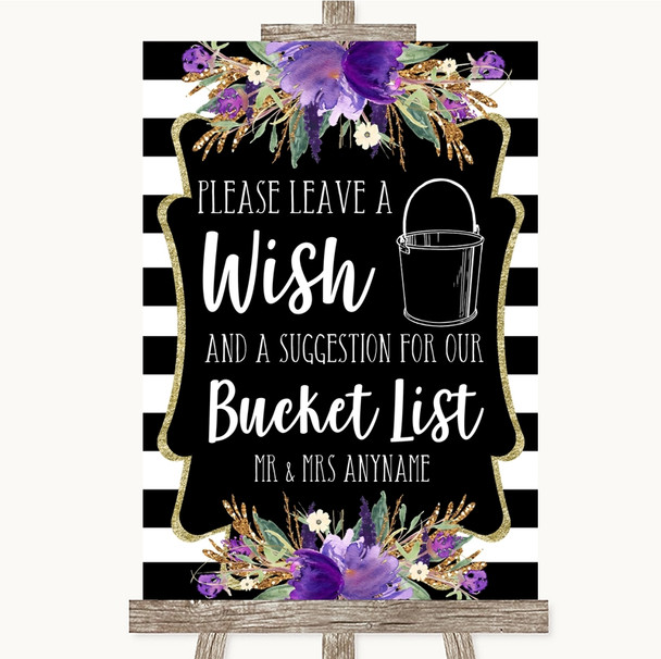 Black & White Stripes Purple Bucket List Personalized Wedding Sign