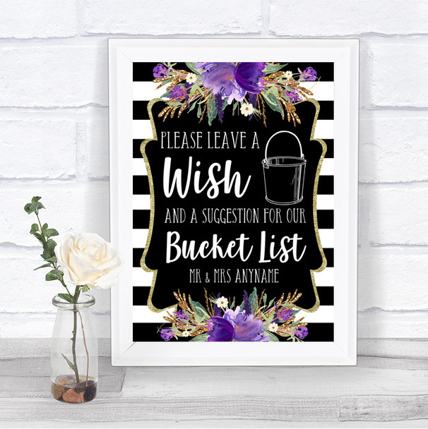 Black & White Stripes Purple Bucket List Personalized Wedding Sign