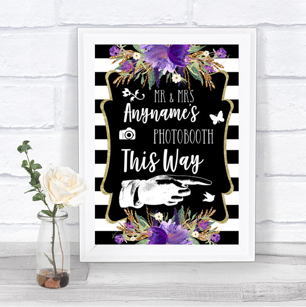 Black & White Stripes Purple Photobooth This Way Right Personalized Wedding Sign