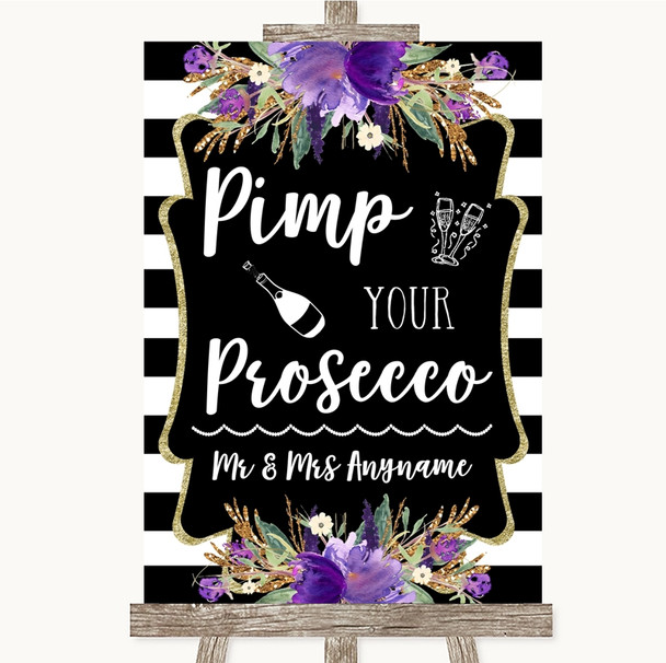 Black & White Stripes Purple Pimp Your Prosecco Personalized Wedding Sign