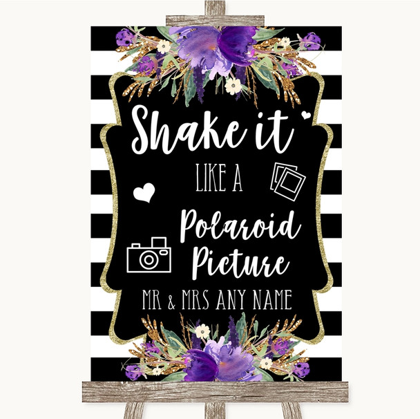 Black & White Stripes Purple Polaroid Picture Personalized Wedding Sign