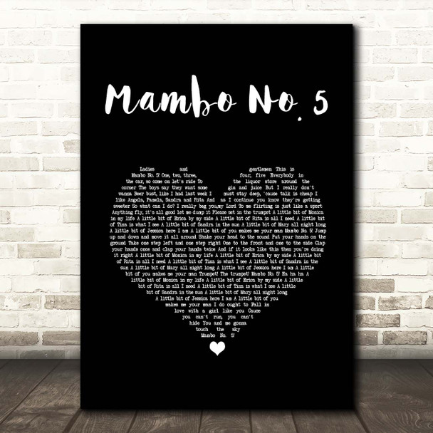Lou Bega Mambo No. 5 Black Heart Song Lyric Print