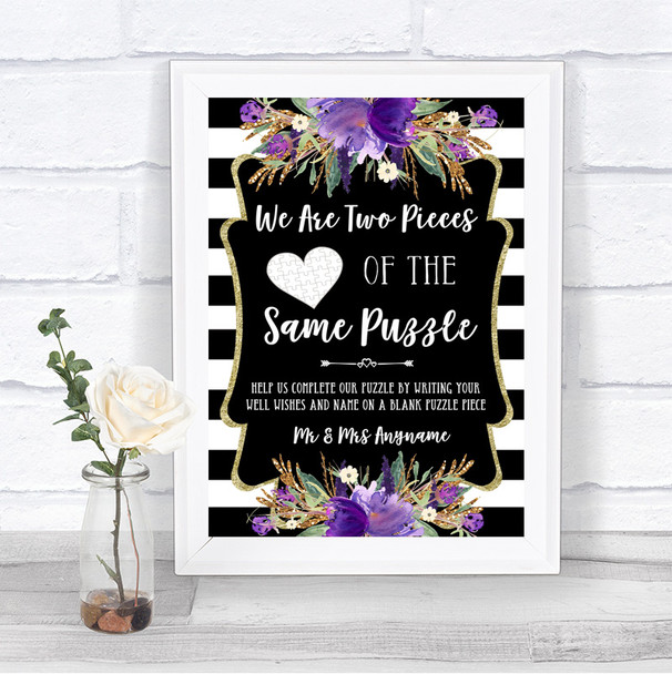 Black & White Stripes Purple Puzzle Piece Guest Book Personalized Wedding Sign