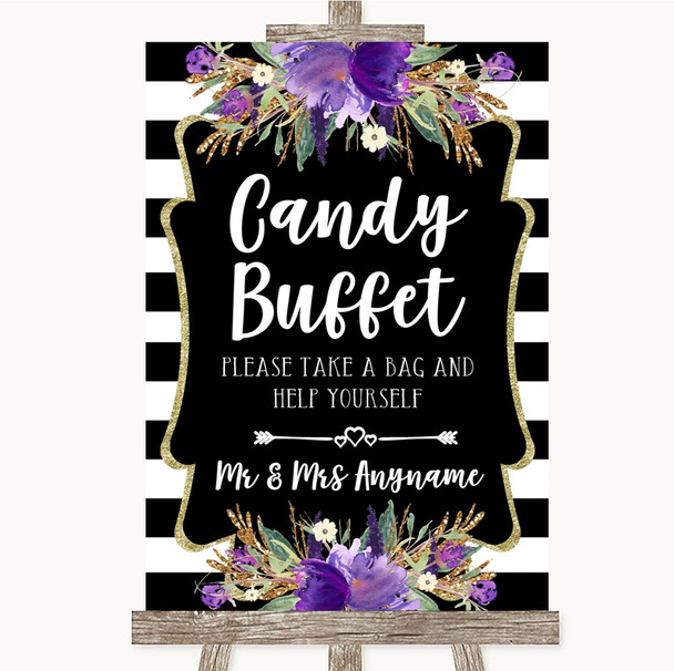 Black & White Stripes Purple Candy Buffet Personalized Wedding Sign