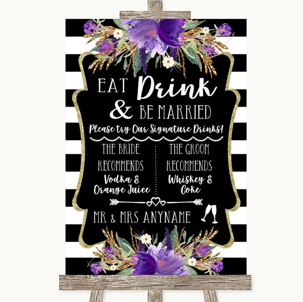 Black & White Stripes Purple Signature Favourite Drinks Wedding Sign