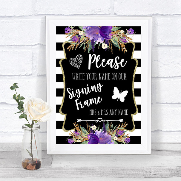 Black & White Stripes Purple Signing Frame Guestbook Personalized Wedding Sign