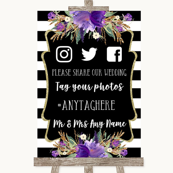 Black & White Stripes Purple Social Media Hashtag Photos Wedding Sign