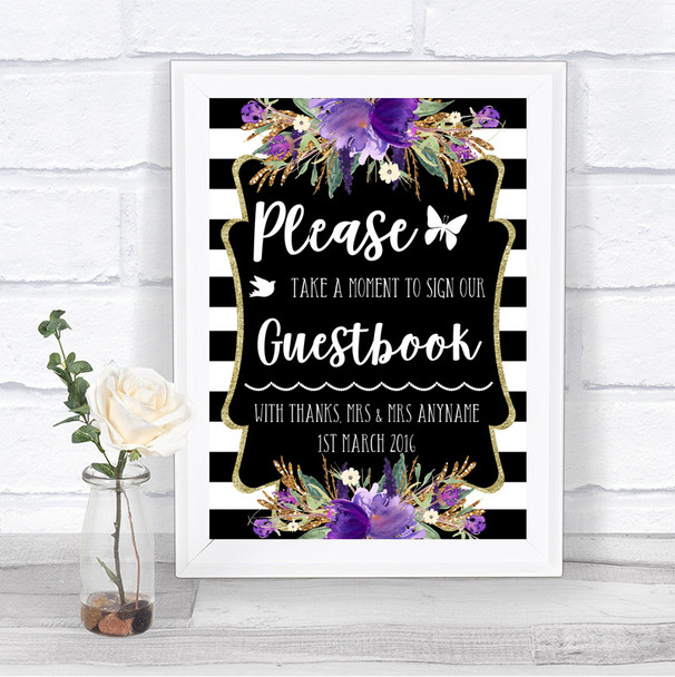 Black & White Stripes Purple Take A Moment To Sign Our Guest Book Wedding Sign