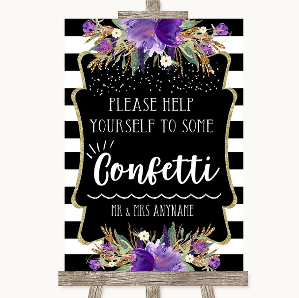 Black & White Stripes Purple Take Some Confetti Personalized Wedding Sign