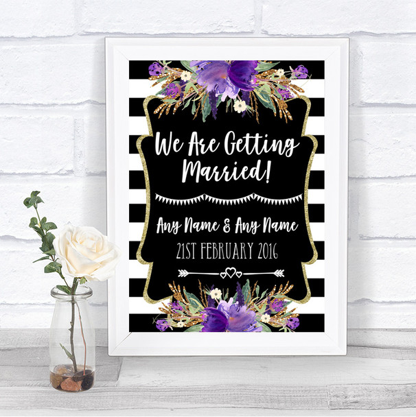 Black & White Stripes Purple We Are Getting Married Personalized Wedding Sign