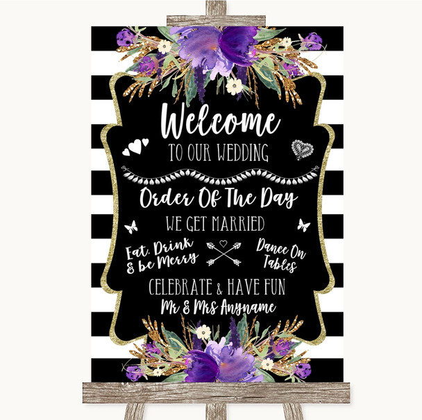 Black & White Stripes Purple Welcome Order Of The Day Personalized Wedding Sign