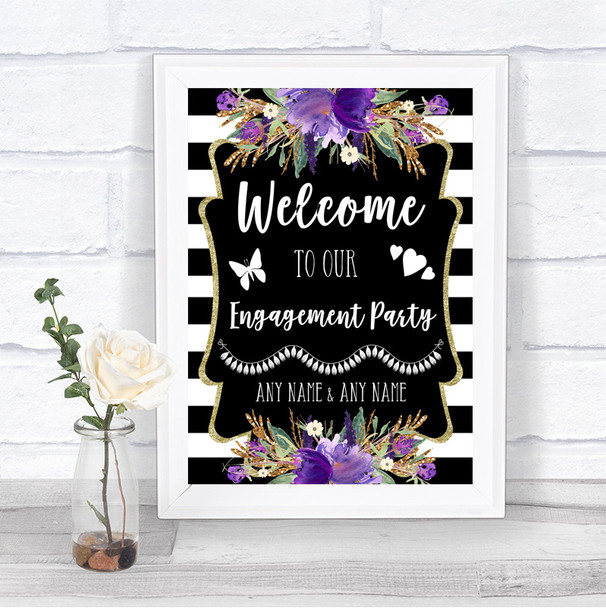 Black & White Stripes Purple Welcome To Our Engagement Party Wedding Sign