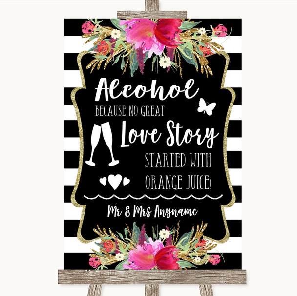 Black & White Stripes Pink Alcohol Bar Love Story Personalized Wedding Sign