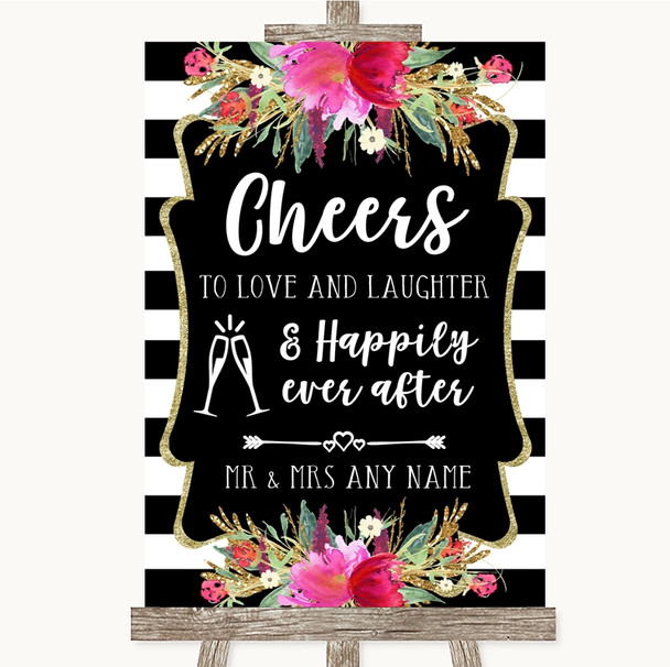 Black & White Stripes Pink Cheers To Love Personalized Wedding Sign