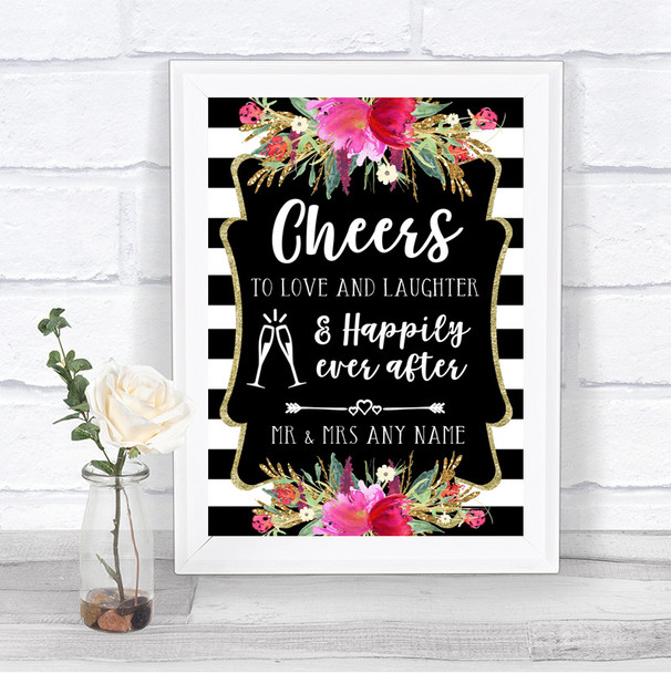 Black & White Stripes Pink Cheers To Love Personalized Wedding Sign