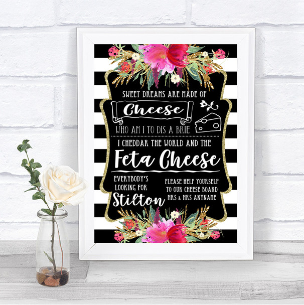 Black & White Stripes Pink Cheeseboard Cheese Song Personalized Wedding Sign