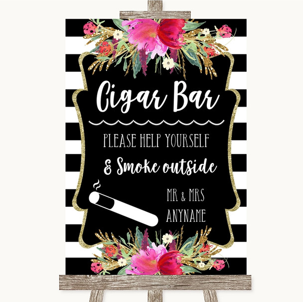 Black & White Stripes Pink Cigar Bar Personalized Wedding Sign