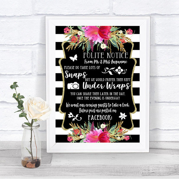 Black & White Stripes Pink Don't Post Photos Facebook Personalized Wedding Sign