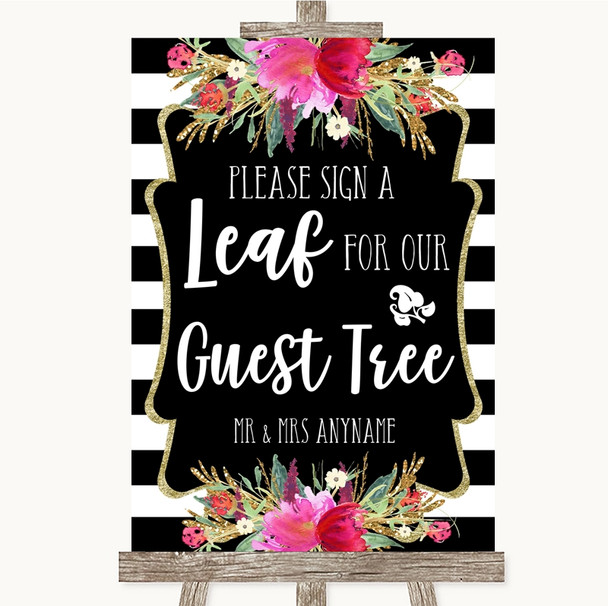 Black & White Stripes Pink Guest Tree Leaf Personalized Wedding Sign