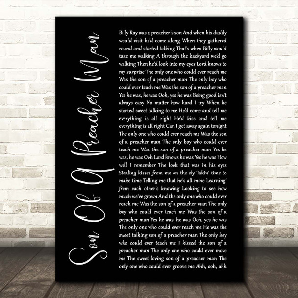 Dusty Springfield Son Of A Preacher Man Black Script Song Lyric Print