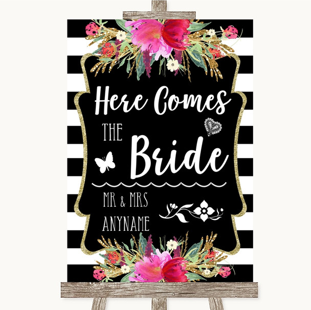 Black & White Stripes Pink Here Comes Bride Aisle Personalized Wedding Sign